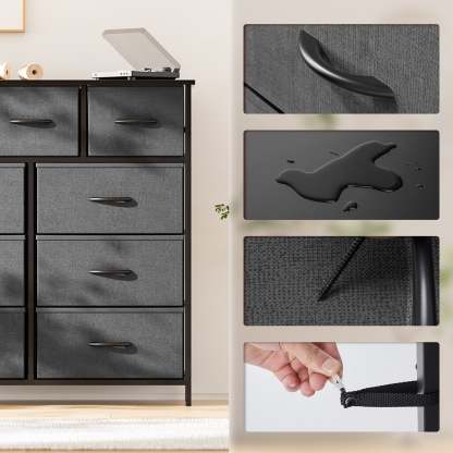 Yanming Cómoda de Tela con 9 cajones, Estructura de Acero y Tapa de Madera para Dormitorio, Armario, Entrada