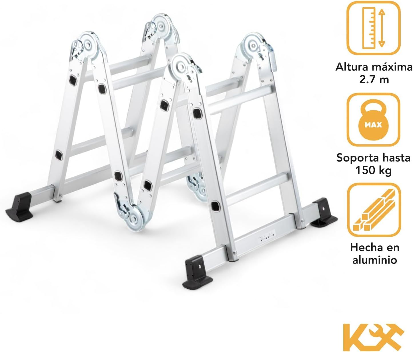 Kingsman | Escalera Multiposiciones 12 Peldaños con Charolas – Soporta hasta 150 kg – Escalera de Aluminio 3.5 MTS – Plegable – Escalera Multipropósito – Tipo Tijera – Andamio – Escalera Recta