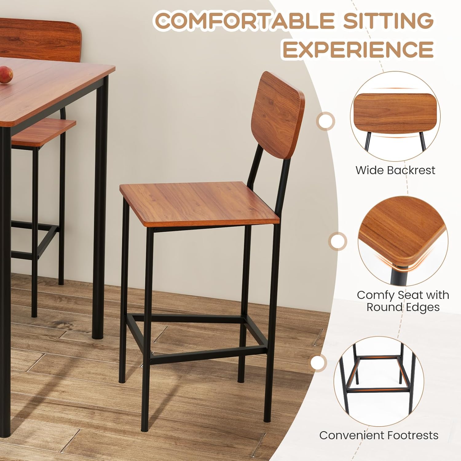 Juego de mesa de comedor de 5 piezas con mesa de altura y 4 taburetes de bar, juego de comedor industrial de cocina con reposapiés y respaldo, juego de comedor que ahorra espacio para pub,