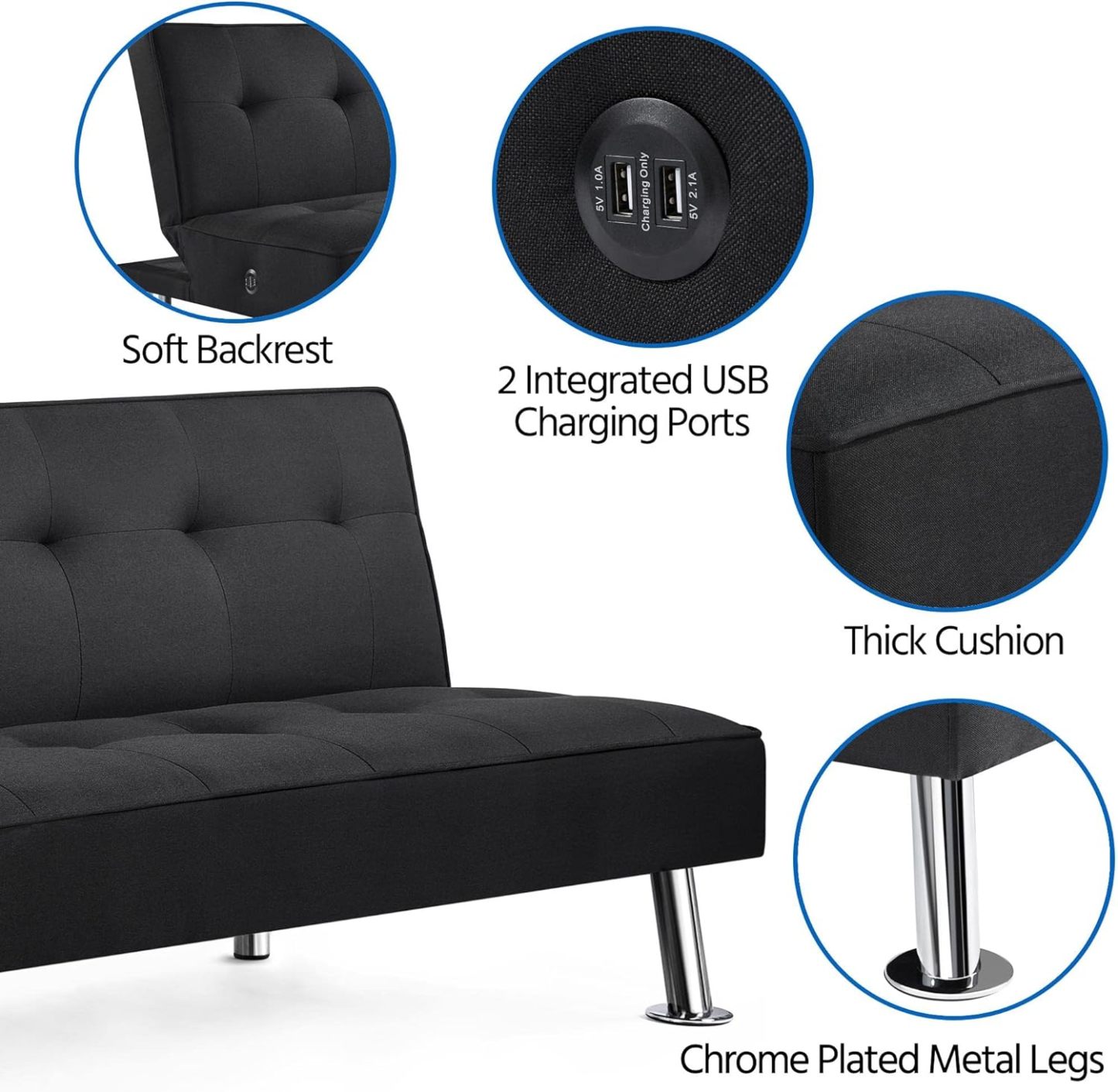 Yaheetech - Sofá Cama Convertible Moderno con 2 Puertos de Carga USB Integrados de Tela, Patas de Metal, 3 ángulos Ajustables para una Vida compacta, Departamento, recámara, habitación Extra Gris