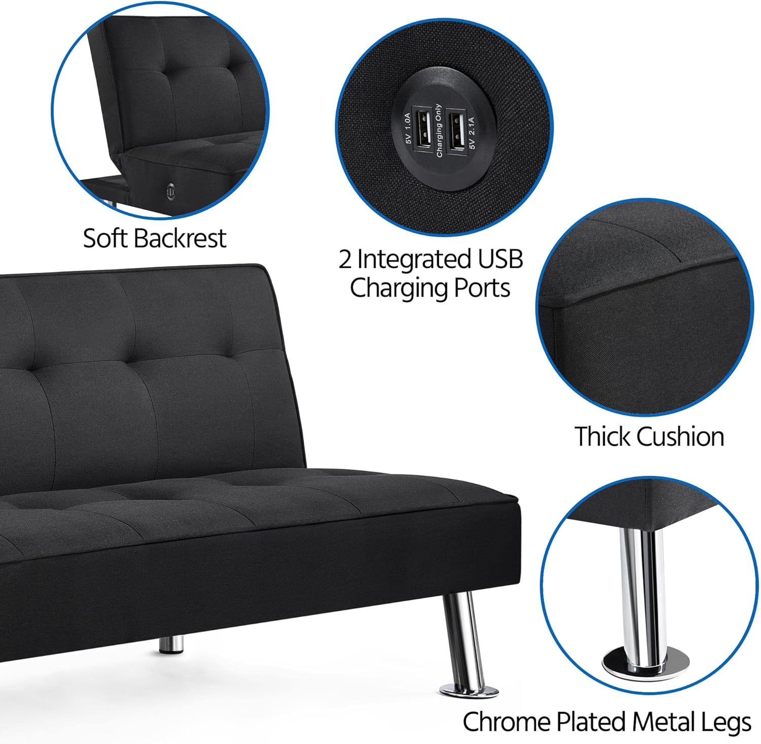 Yaheetech - Sofá Cama Convertible Moderno con 2 Puertos de Carga USB Integrados de Tela, Patas de Metal, 3 ángulos Ajustables para una Vida compacta, Departamento, recámara, habitación Extra Gris