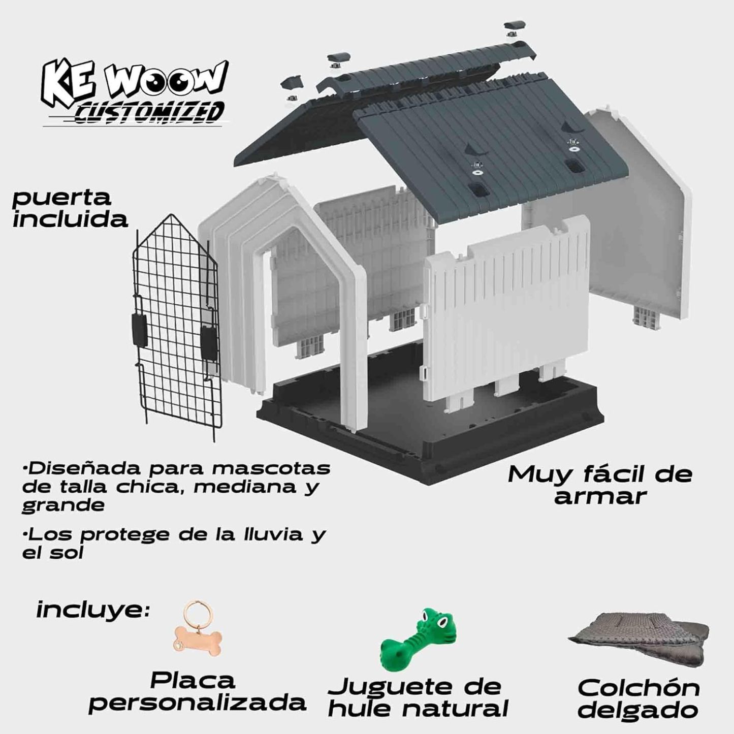 KE WOOW Casa para Perros Medianos y Chicos Premium, Térmica, con Puerta Metálica, Repelente al Clima, Base Elevada, Armable, Color Azul, Incluye Colchón y Juguete de Regalo, 62 x 62 x 60 cm
