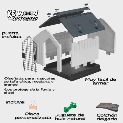 KE WOOW Casa para Perros Medianos y Chicos Premium, Térmica, con Puerta Metálica, Repelente al Clima, Base Elevada, Armable, Color Azul, Incluye Colchón y Juguete de Regalo, 62 x 62 x 60 cm