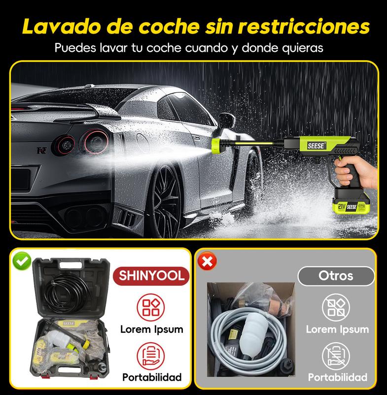SEESE Hidrolavadora Inalámbrica 21V Portátil De Alta Presión Con Batería Recargable Para Lavar Autos Jardín Hogar, ideal como regalo festivo.