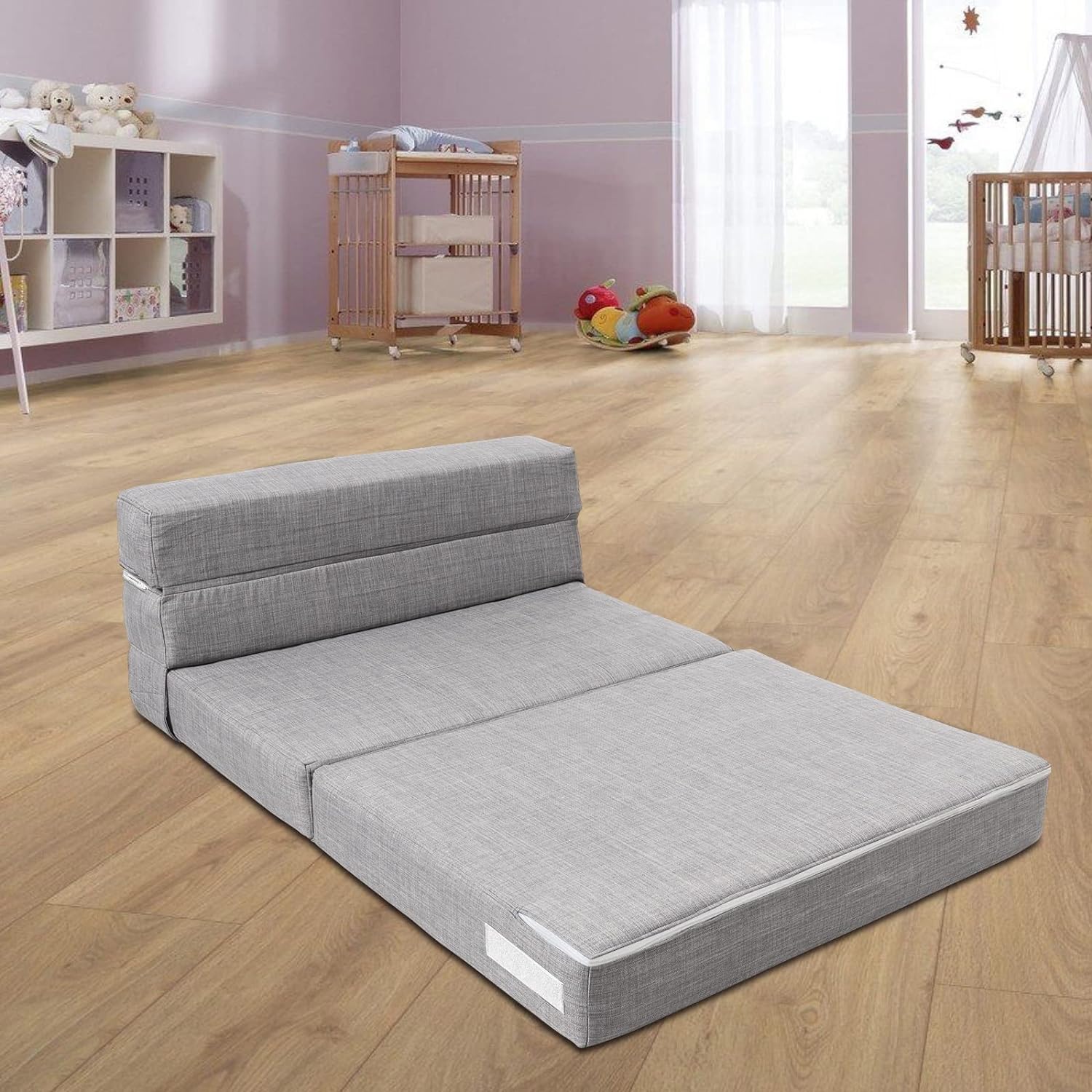 Silla reclinable Anoner, sofá cama plegable de 152 cm, diván con 2 cojines, funda lavable de espuma viscoelástica tamaño queen, color gris claro