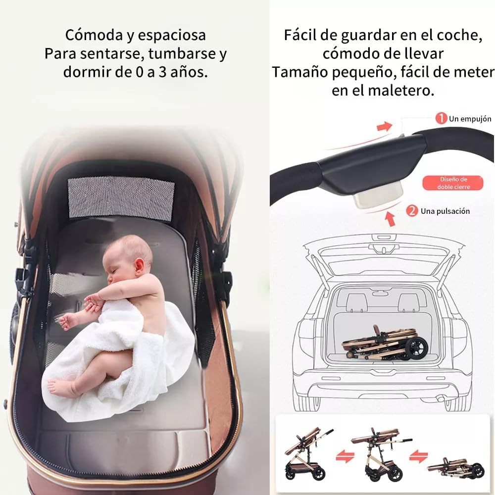 FINYQBET Carrito De Bebé Plegable Universal Para Cuatro Estaciones Sillas De Paseo para Bebés De Alta Vista para Bebés Recién Nacidos, Implementación Bidireccional Multifuncional Y Segura Caqui