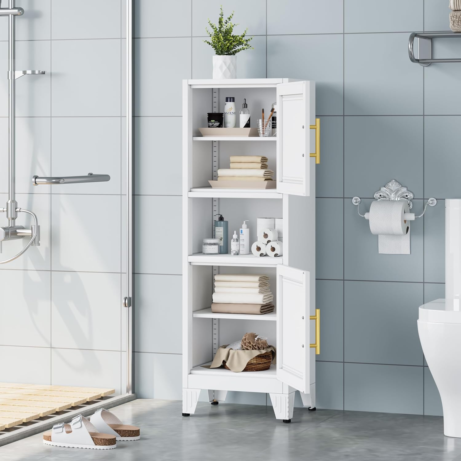 Ckzbx Gabinete de cocina de metal de 61 pulgadas de alto con 4 puertas, armarios de baño, 2 estantes ajustables para cocina, oficina en casa, sala de estar, comedor (negro)