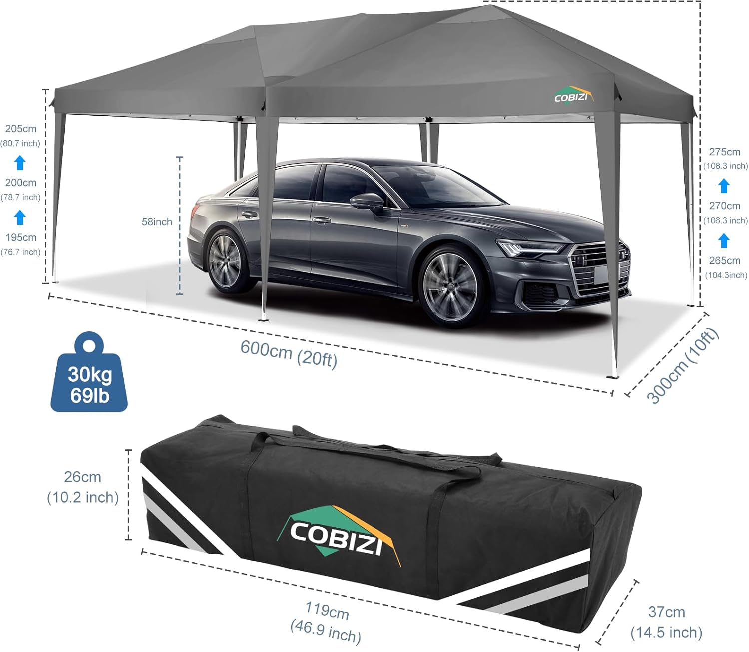 COBIZI - Toldo desplegable de 10 x 20 Pulgadas con 6 Paredes Laterales, toldo Impermeable para Eventos al Aire última intervensión, UPF 50+ cenador portátil para Fiestas, Playa, Camping, Boda,