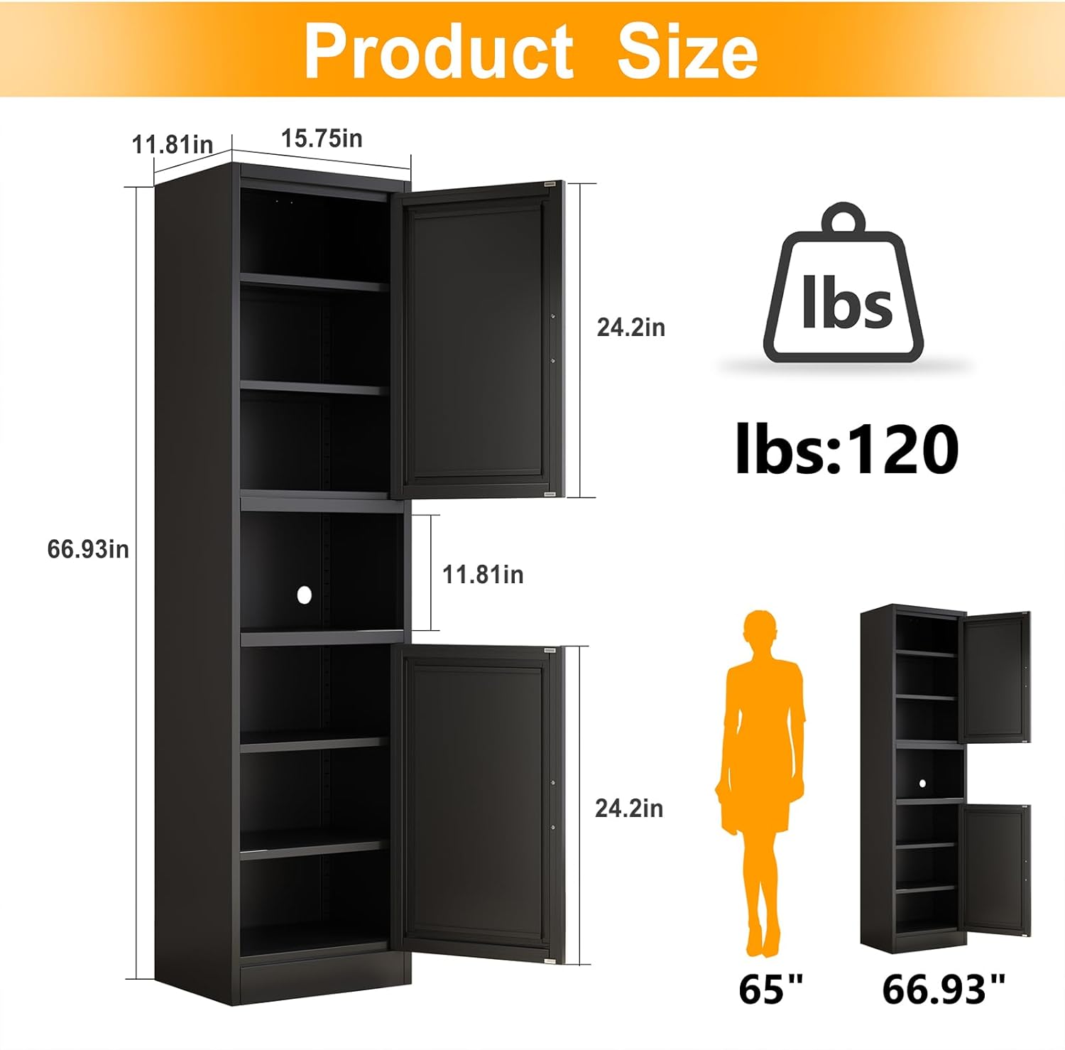 Ckzbx Gabinete de cocina de metal de 61 pulgadas de alto con 4 puertas, armarios de baño, 2 estantes ajustables para cocina, oficina en casa, sala de estar, comedor (negro)