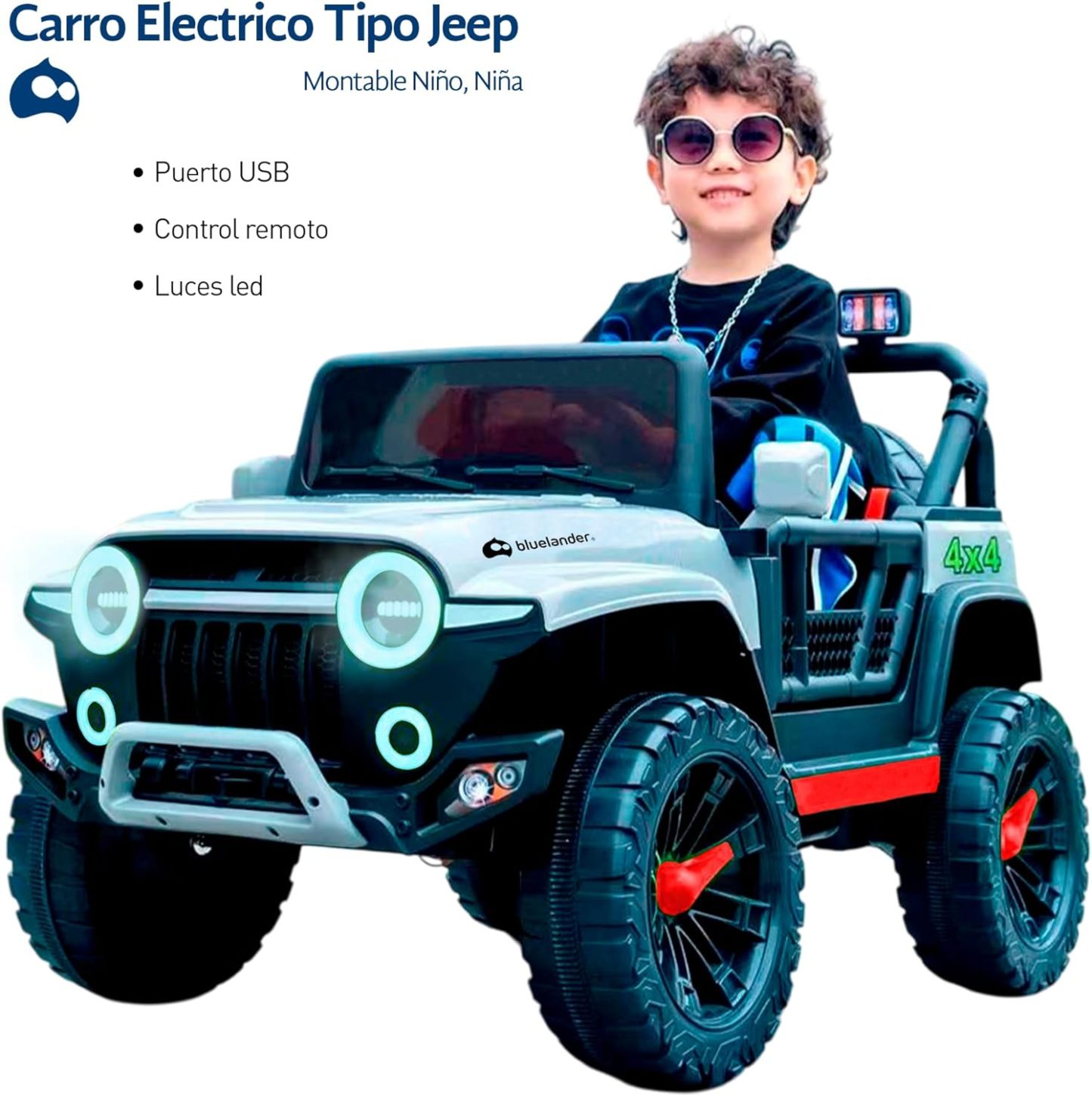 Bluelander Carro Electrico Tipo Jeep Montable Niño Niña, 69*61*105 Cm, Carro Electrico 5 KM/H, Carrito Montable Electrico Musical, Luz Led, Control Remoto, Puerto USB, MIC, Bateria Recargable (Rojo)