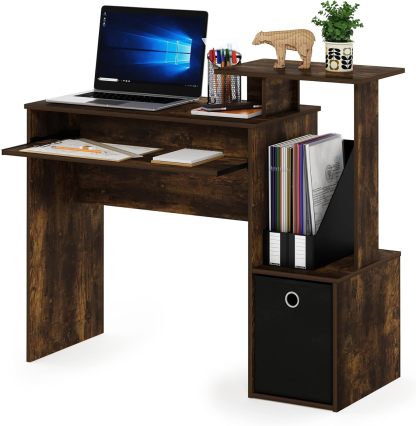 Furinno Econ Escritorio de escritura de computadora de oficina en casa multipropósito W/Bin, Blanco/Negro