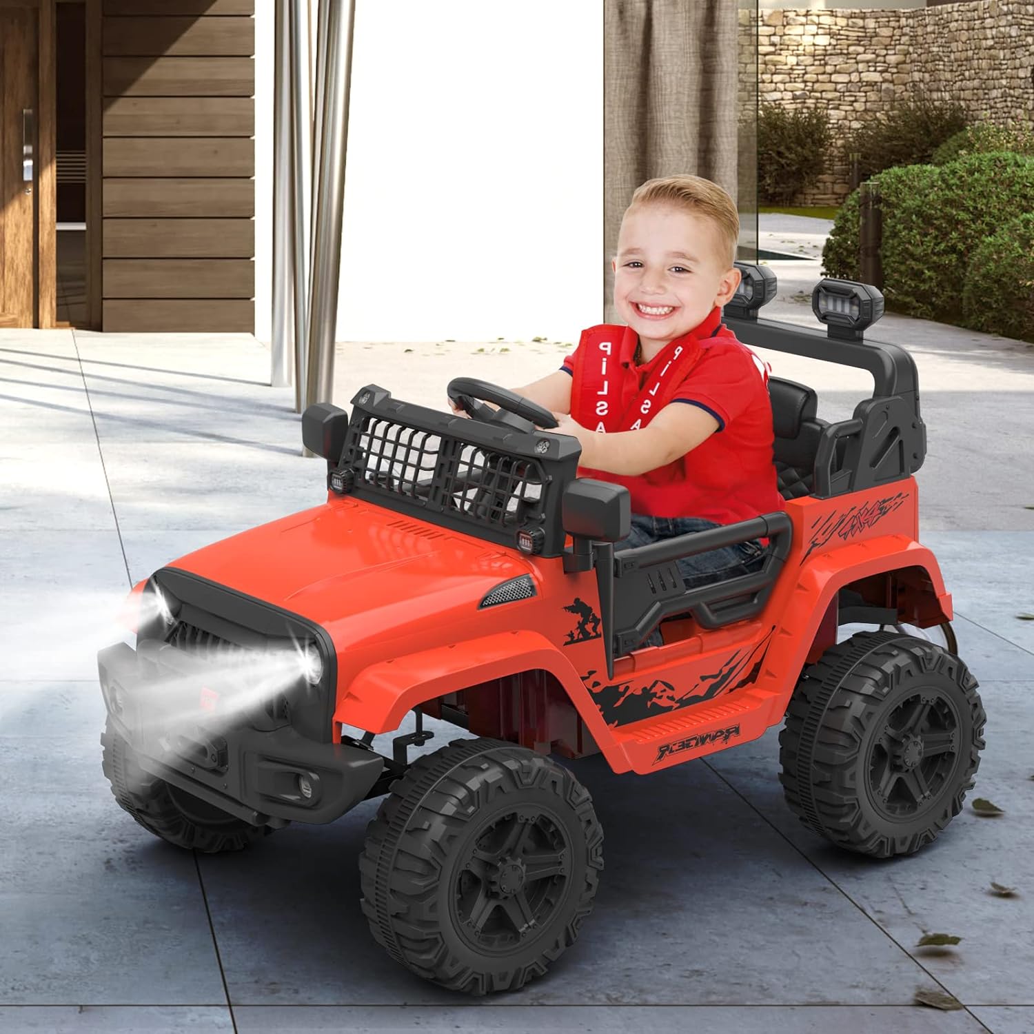 Hetoy Ride on Truck Car 12V Kids Electric Vehicles with Remote Control Spring Suspension, LED Lights, Bluetooth, 2 Speeds