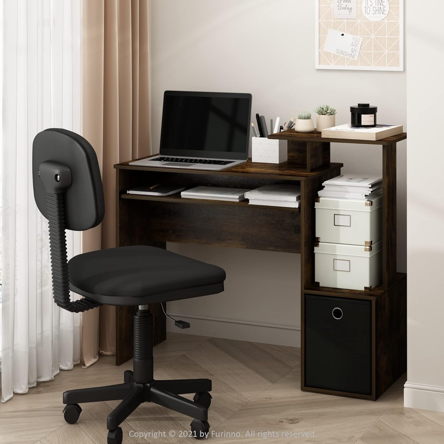 Furinno Econ Escritorio de escritura de computadora de oficina en casa multipropósito W/Bin, Blanco/Negro