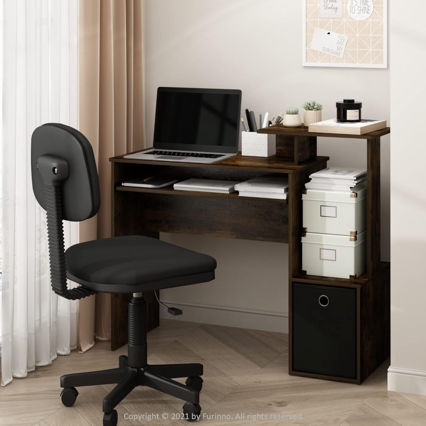 Furinno Econ Escritorio de escritura de computadora de oficina en casa multipropósito W/Bin, Blanco/Negro