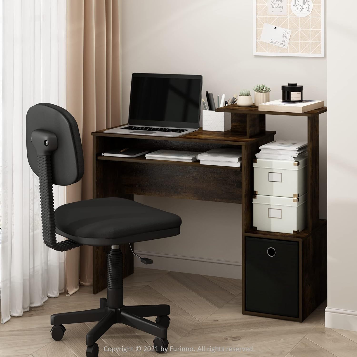 Furinno Econ Escritorio de escritura de computadora de oficina en casa multipropósito W/Bin, Blanco/Negro