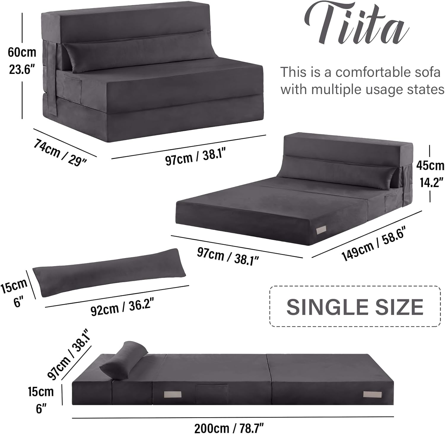 Tiita - Sillón de futón, tamaño individual, sofá cama plegable con almohada, colchón de piso y futón para sala de estar, recámara, uso de invitados, departamento