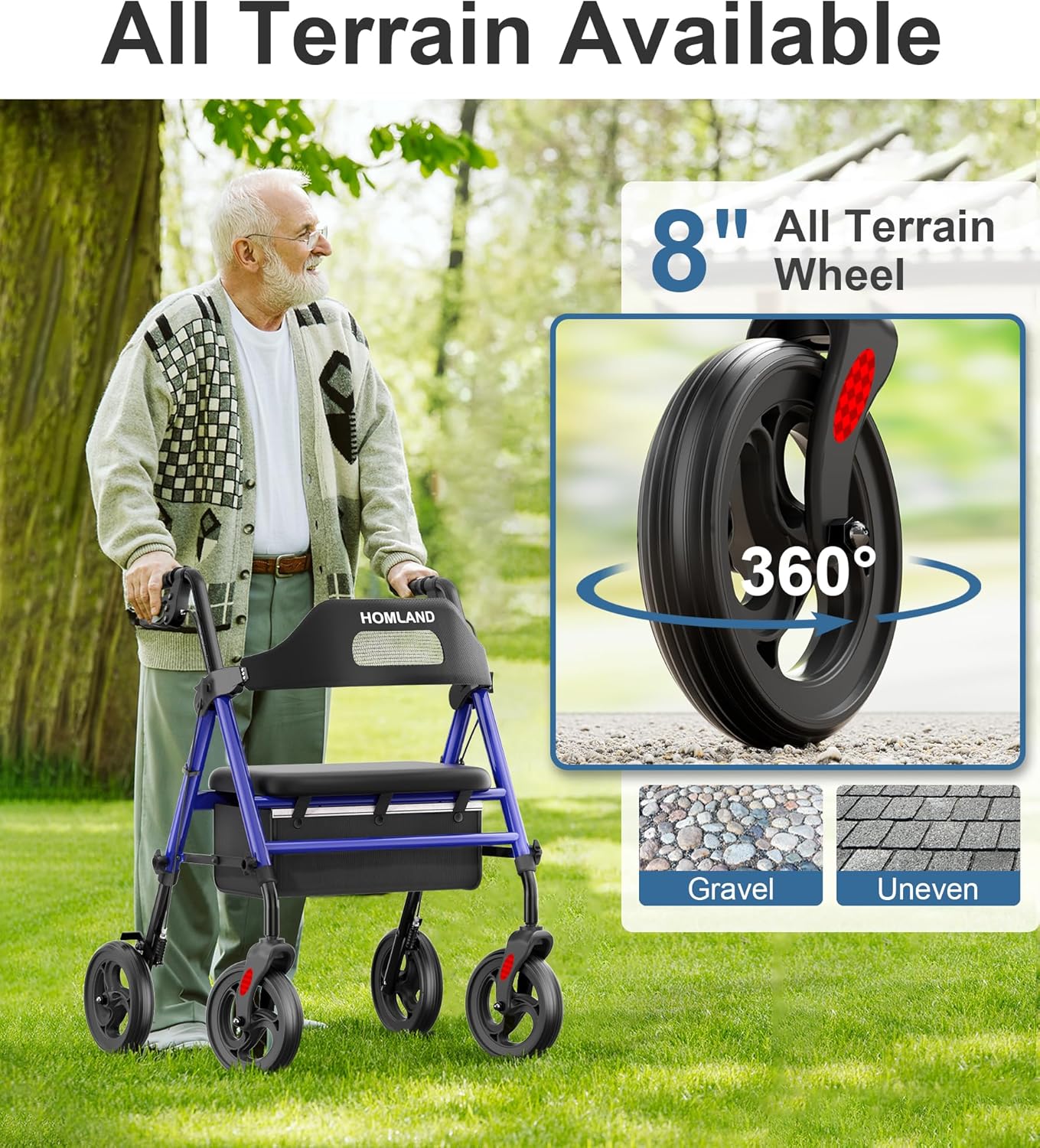 HOMLAND - Caminadores plegables con asiento para personas mayores, ruedas grandes de 8 pulgadas, 350 libras. Capacidad de peso, asas ajustables y altura del asiento, ligero caminante, color azul