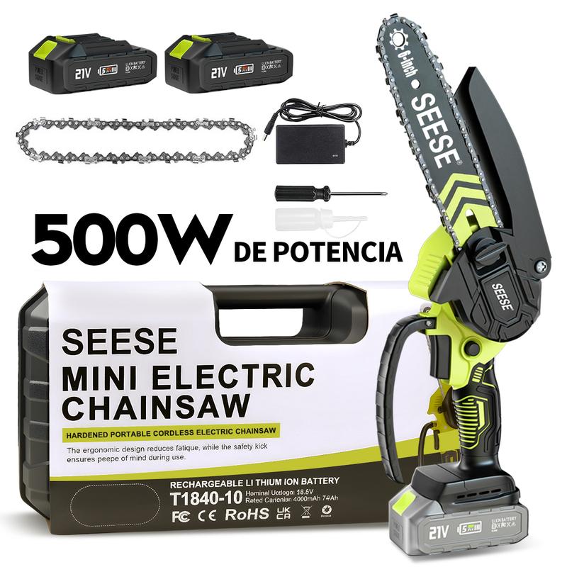 SEESE Mini motosierra inalámbrica 6”, motor sin escobillas, con 2 baterías de 2000 mAh – Ideal para poda, jardinería y corte de madera