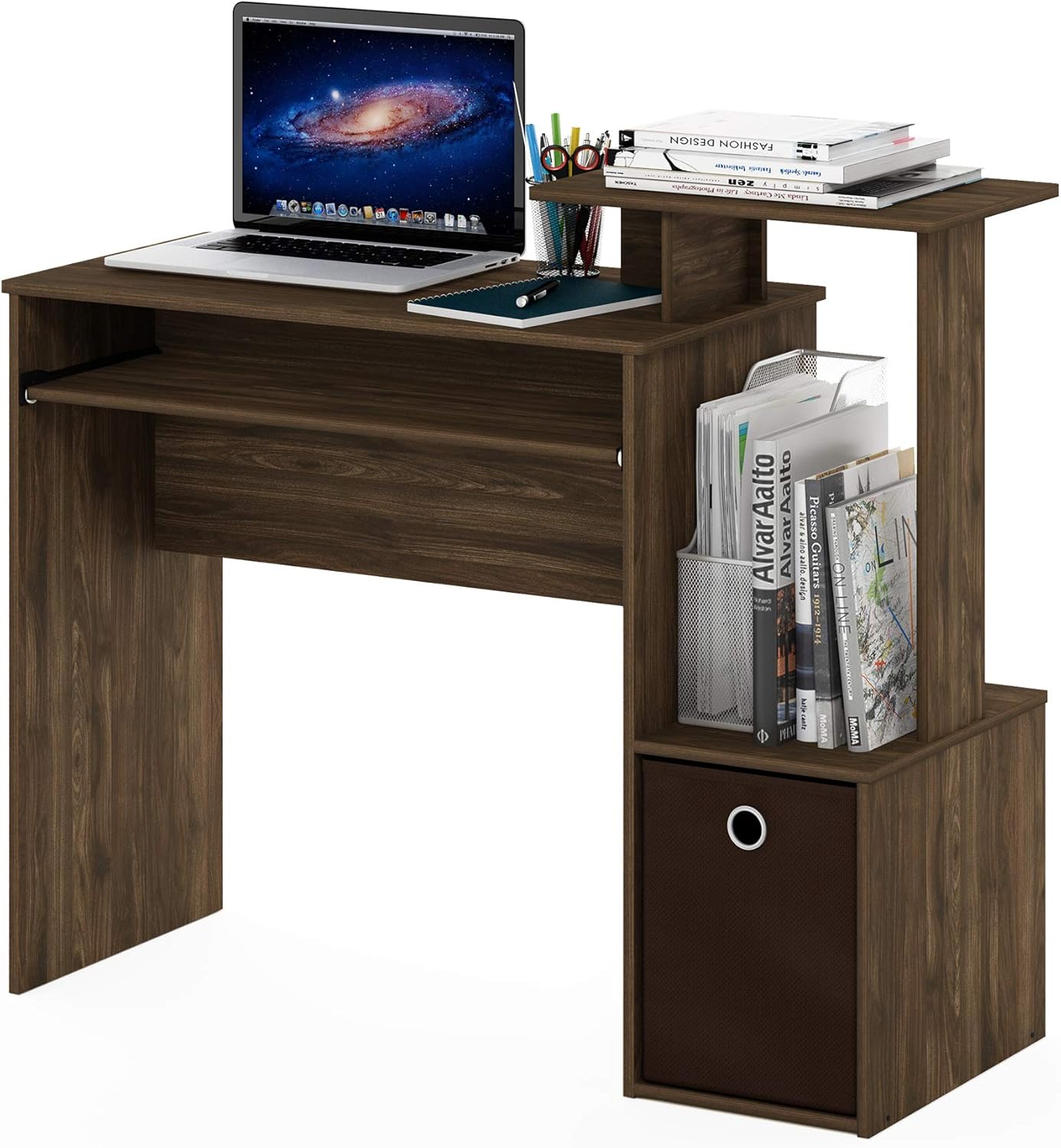 Furinno Econ Escritorio de escritura de computadora de oficina en casa multipropósito W/Bin, Blanco/Negro