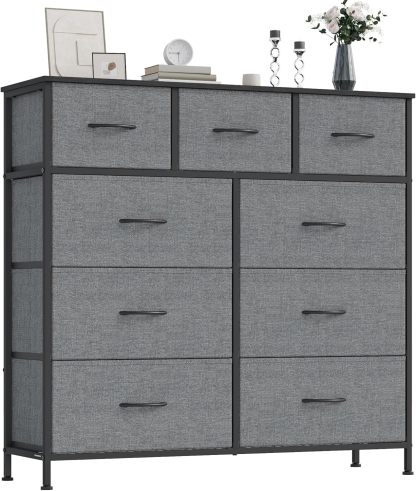 SONGMICS Cómoda, con 9 Cajones, Mueble de Almacenaje, Tela no Tejida, para Dormitorio, Recibidor y Salón, Gris Pizarra MLGS324G101