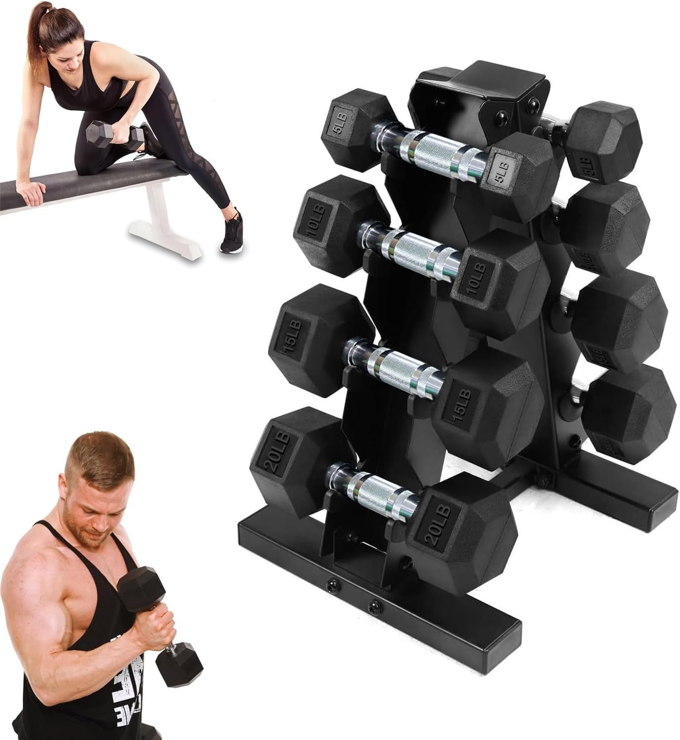 Set de Mancuernas Hexagonales con Rack en A (5LB, 10LB, 15LB, 20LB), Mancuerna Hexagonal con Revestimiento de Goma, Ideal para Gimnasio en Casa, Entrenamiento y Gimnasio para hombres y mujeres, 8 pesas
