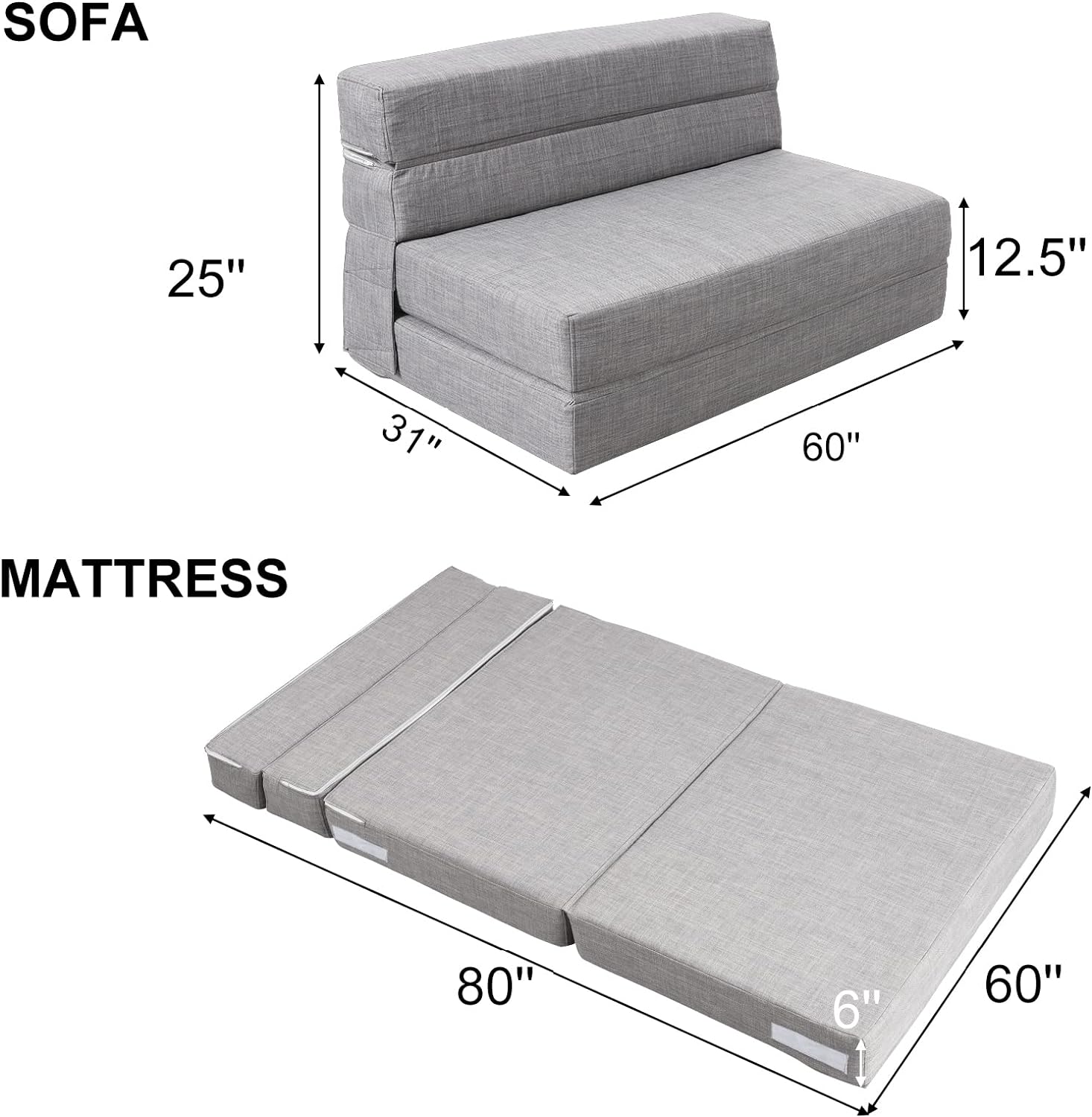 Silla reclinable Anoner, sofá cama plegable de 152 cm, diván con 2 cojines, funda lavable de espuma viscoelástica tamaño queen, color gris claro