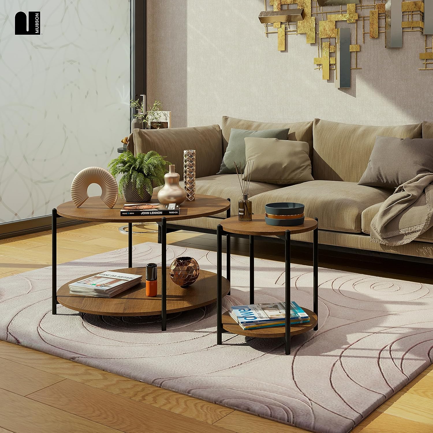 MUBSON Set de 2 Mesas de Centro Minimalista | 80x80 y 40x40 cm | Mesa de Centro para Sala con Soportes de Acero. Mesa de Noche Verona. Mesa Auxiliar. Mesas Laterales de Madera. Nesting Table