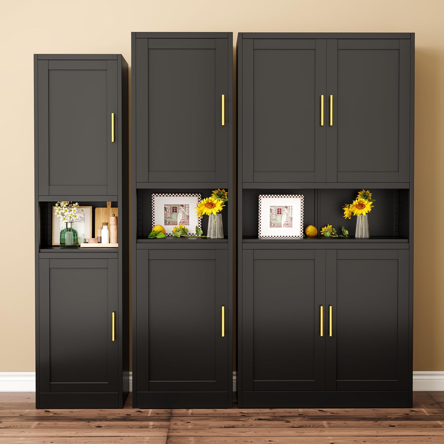 Ckzbx Gabinete de cocina de metal de 61 pulgadas de alto con 4 puertas, armarios de baño, 2 estantes ajustables para cocina, oficina en casa, sala de estar, comedor (negro)
