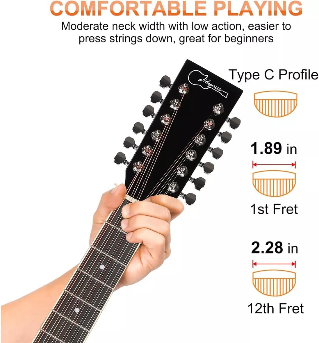 Jidyous-41 Inch,4/4,Guitarra Electroacústica 12 cuerdas,con Funda Acolchada, afinadores, Tirantes de guitarra,cuerdas, paletas, capó, adecuada para adultos jóvenes de nivel medio (Black)