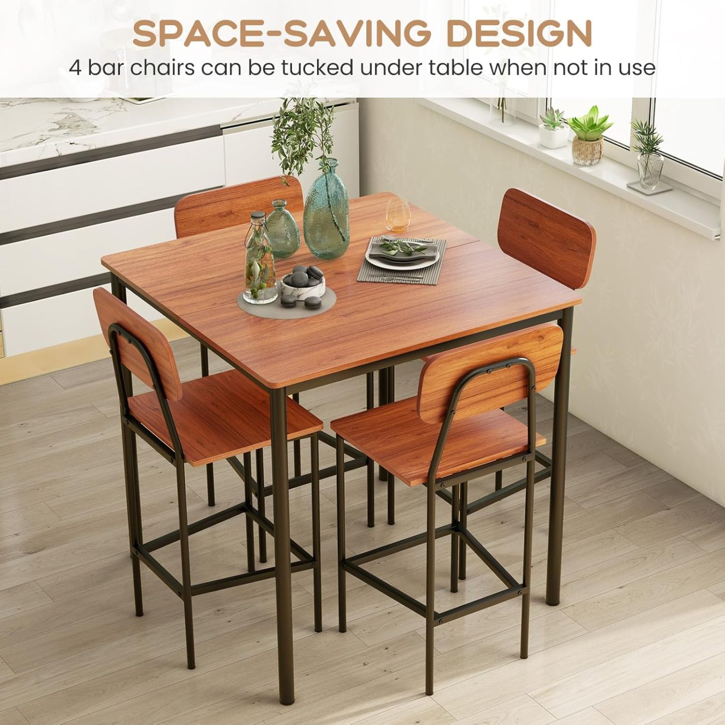 Juego de mesa de comedor de 5 piezas con mesa de altura y 4 taburetes de bar, juego de comedor industrial de cocina con reposapiés y respaldo, juego de comedor que ahorra espacio para pub,