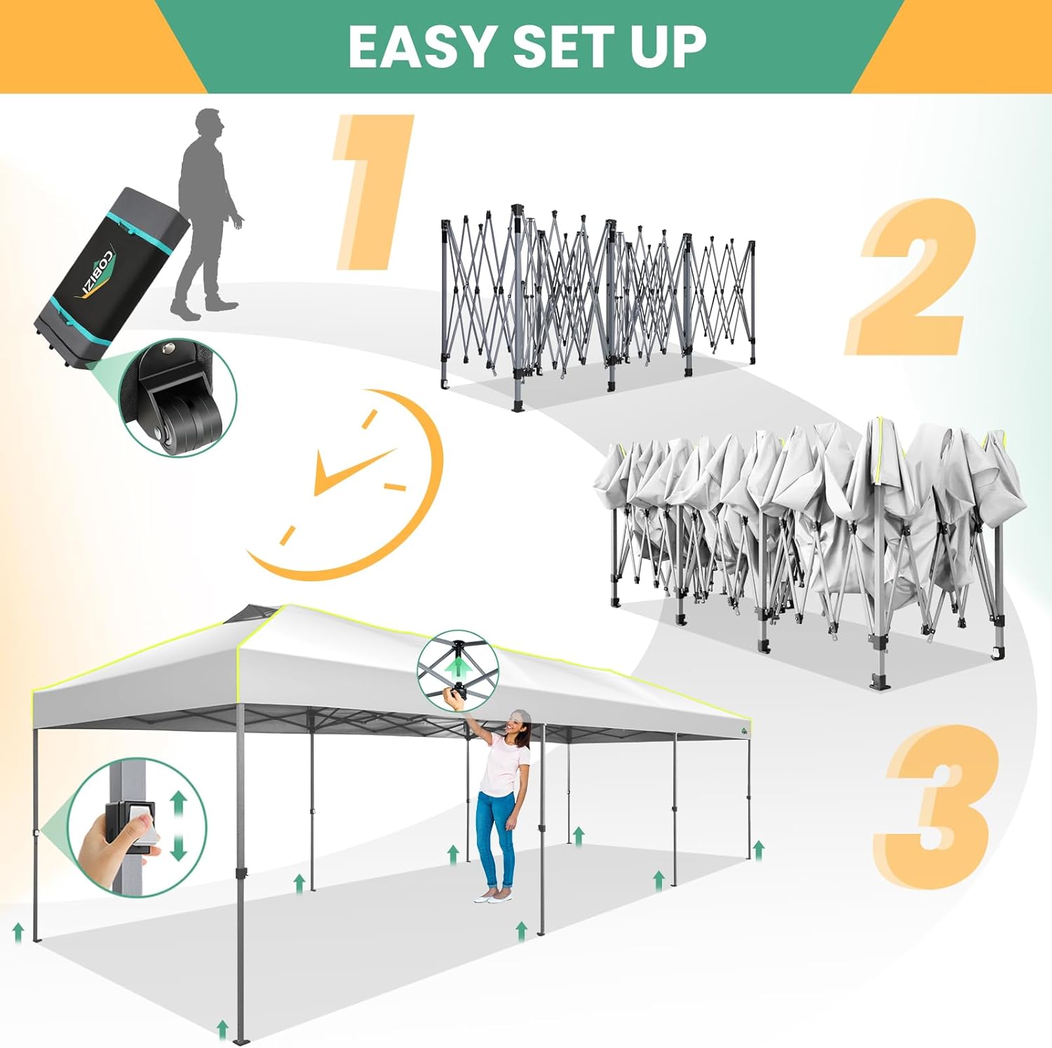 COBIZI - Tienda de campaña desplegable de 10 x 20 Pulgadas, Tienda de campaña instantánea Comercial para Bodas, Fiestas con 3 Altura Ajustable, toldo Ez Up para Exteriores, Impermeable, UPF50+ con