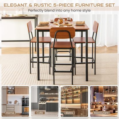 Juego de mesa de comedor de 5 piezas con mesa de altura y 4 taburetes de bar, juego de comedor industrial de cocina con reposapiés y respaldo, juego de comedor que ahorra espacio para pub,