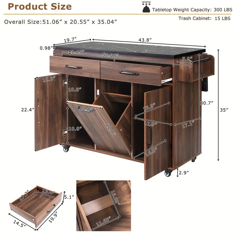 Isla de cocina rodante Merax con almacenamiento para botes de basura, hoja abatible, estante para especias, toallero y cajón - Estante y ruedas ajustables