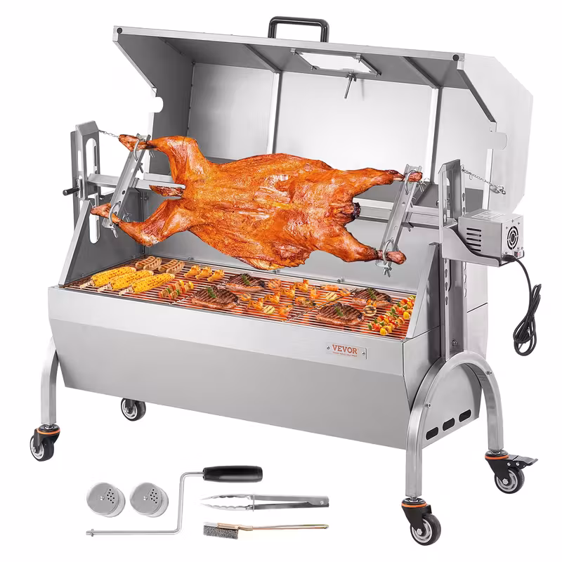   parrilla de   con  , parrilla de   para   cerdo      , 46 pulgadas 132   de capacidad, motor eléctrico de 52w parrilla de acero inoxidable con ventana de visualización y ruedas bloqueables Detalles del producto 1