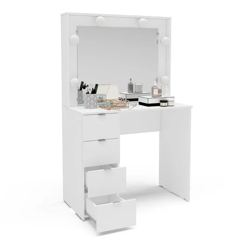 Tocador de Dormitorio de 4 Cajones con Almacenamiento y Espejo Moderno