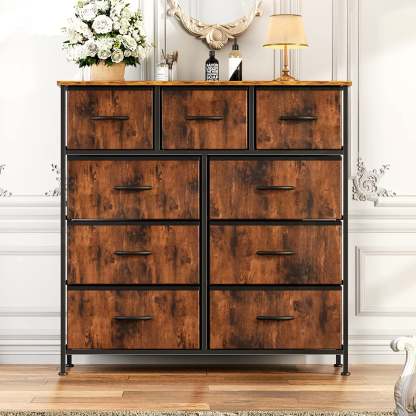 Yanming Cómoda de Tela con 9 cajones, Estructura de Acero y Tapa de Madera para Dormitorio, Armario, Entrada