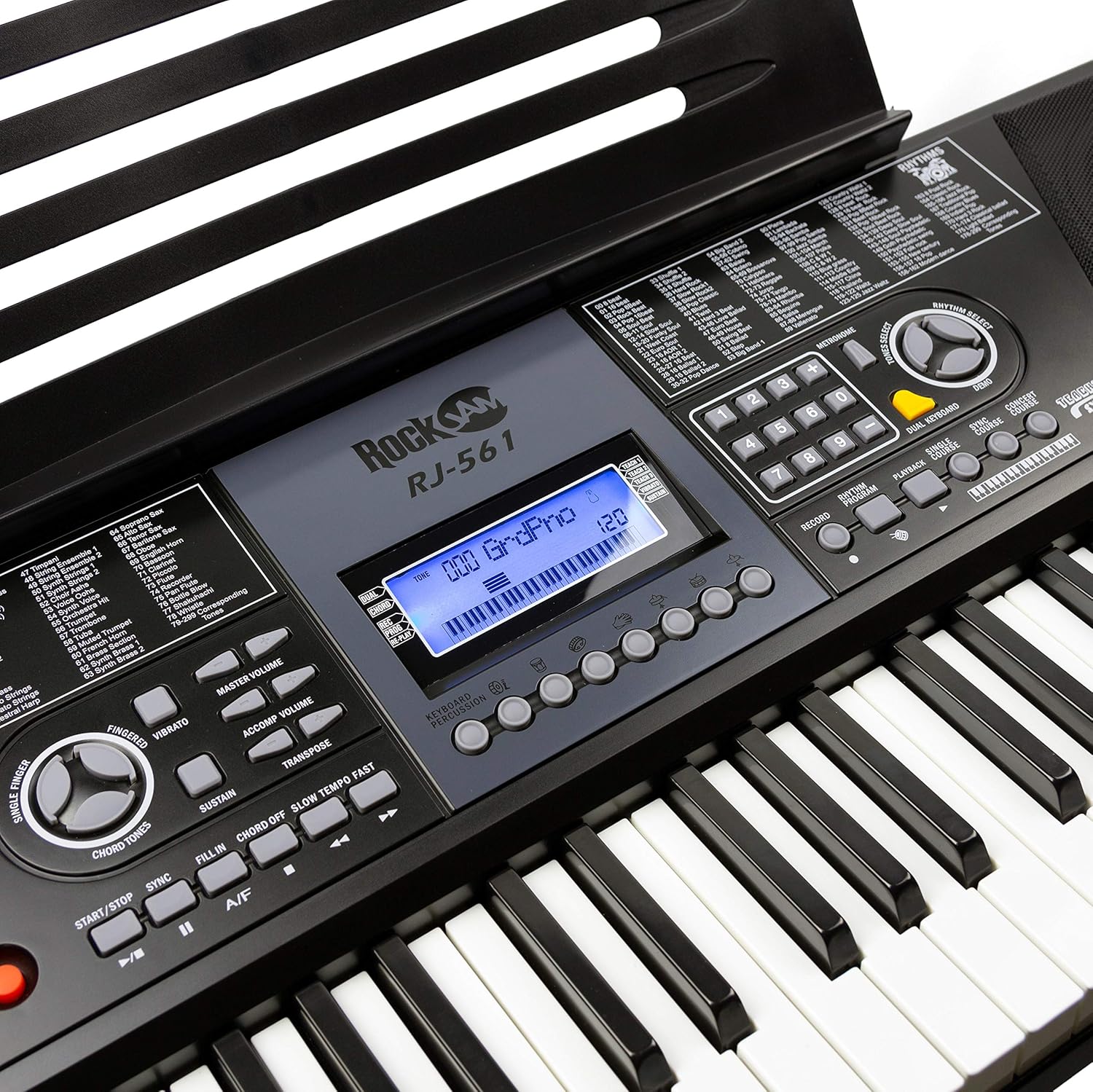 RockJam - Kit de piano con teclado de 61 teclas con banco para teclado, soporte para teclado, auriculares, pegatinas para notas de piano y lecciones de piano Simply