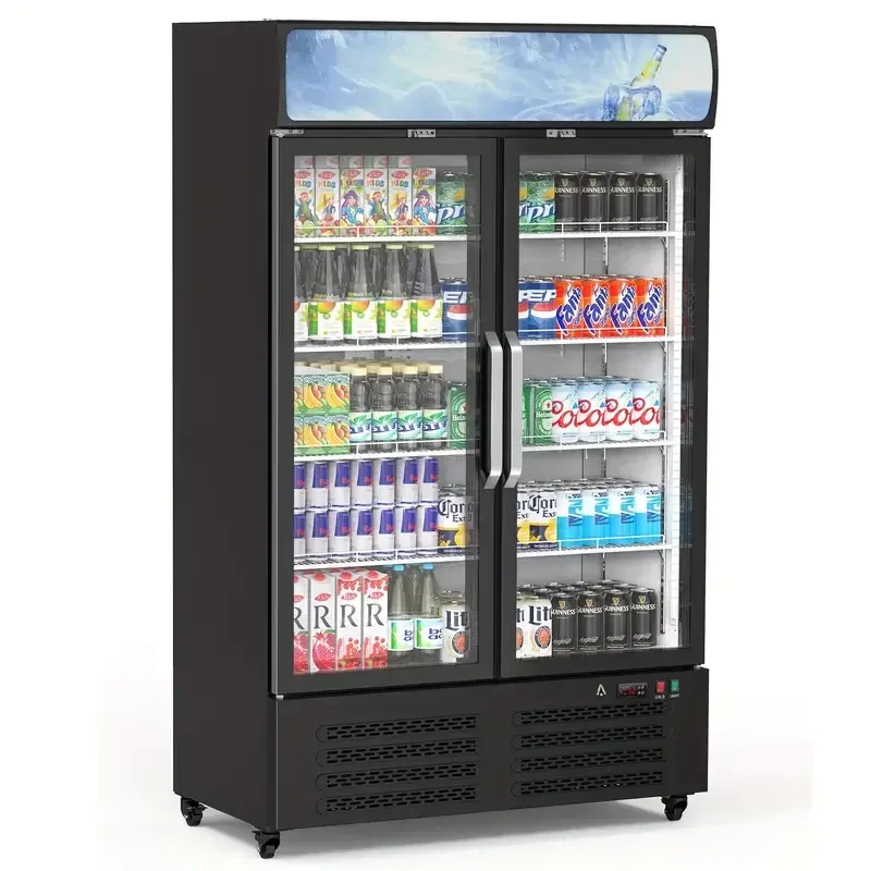 Refrigerador comercial para bebidas HUFY de 26.2 pies cúbicos con 2 puertas de vidrio, enfriador vertical para bebidas con iluminación LED, estantes ajustables y organizadores de bebidas, enfriamiento de 32 a 50