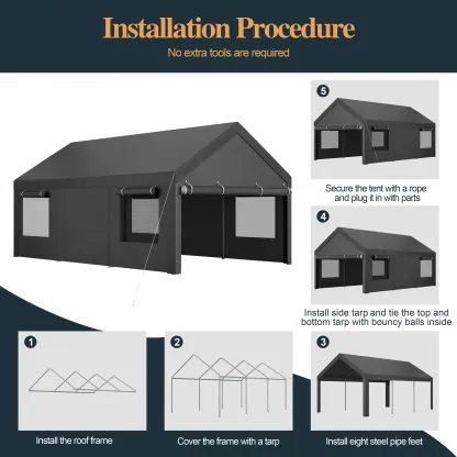 Cobertizo para Auto 10/12x20 ft – Garaje Portátil para Exterior, Toldos de Alta Resistencia con Ventanas Ventiladas y Laterales Removibles, Protección contra Humedad para Vehículos, Fiesta, Campamento o Herramientas, PVC Duradero, Gris/Blanco