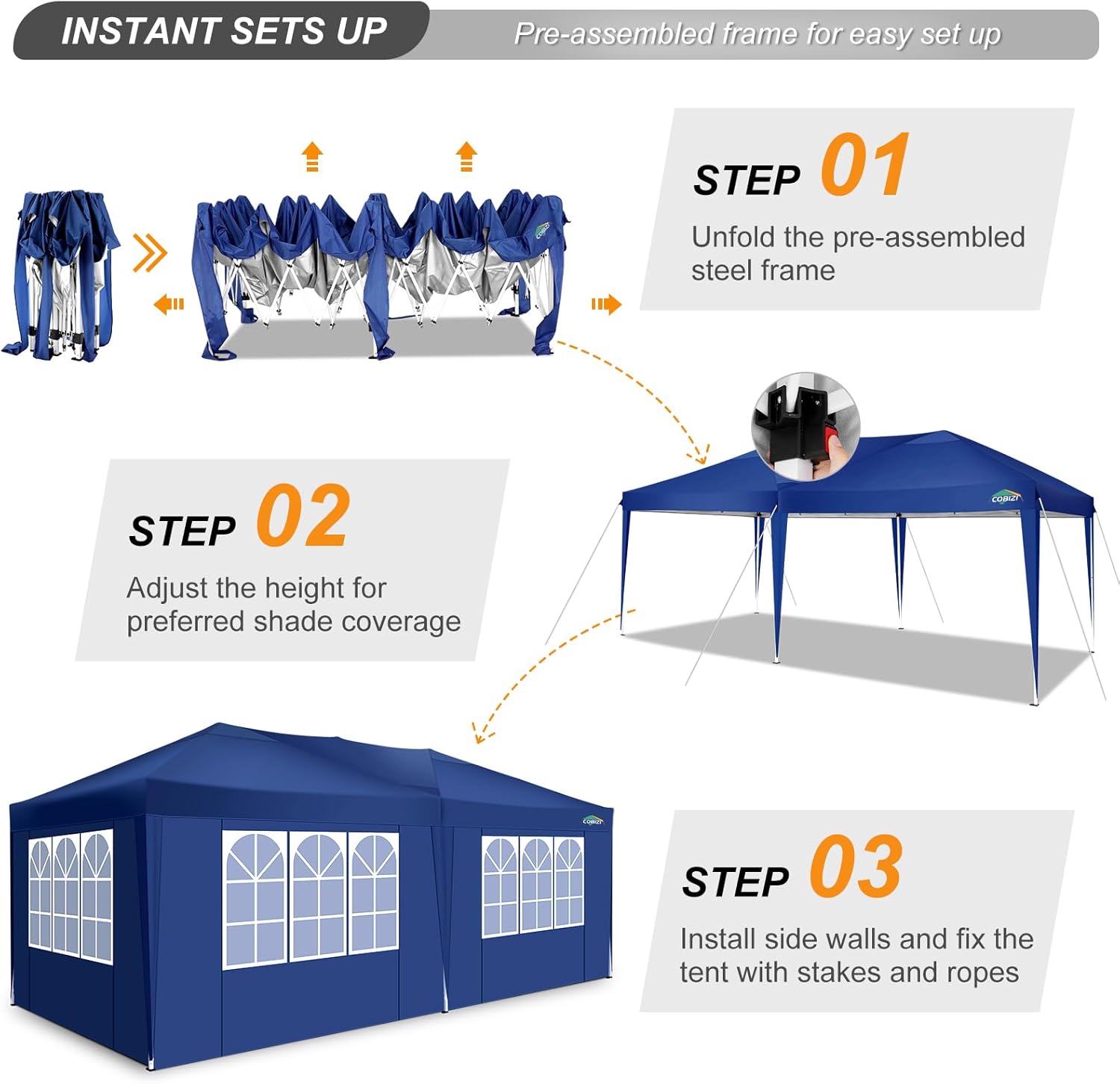 COBIZI - Toldo desplegable de 10 x 20 Pulgadas con 6 Paredes Laterales, toldo Impermeable para Eventos al Aire última intervensión, UPF 50+ cenador portátil para Fiestas, Playa, Camping, Boda,