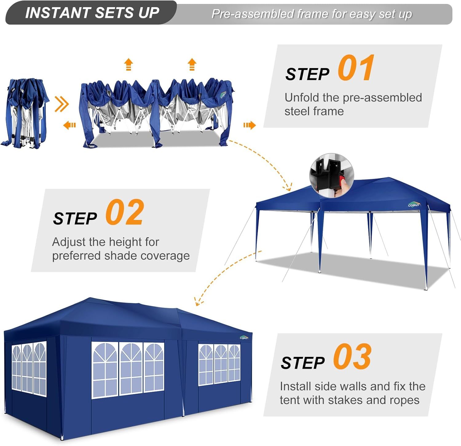 COBIZI - Toldo desplegable de 10 x 20 Pulgadas con 6 Paredes Laterales, toldo Impermeable para Eventos al Aire última intervensión, UPF 50+ cenador portátil para Fiestas, Playa, Camping, Boda,
