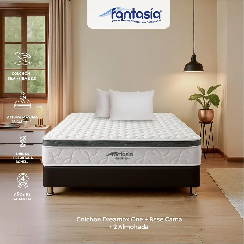 Colchón con Base Cama Doble Firmeza Media Ortopédico Resortado con Pillow Dreamax One 140 x 190 cm + 2 Almohadas Colchones Fantasía