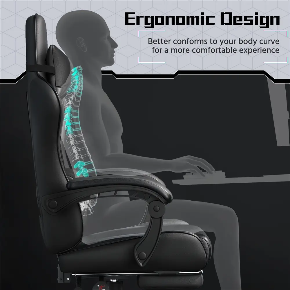 Silla Gamer Ergonómica con Soporte Lumbar de Masaje, Reposapiés Retráctil y Reposacabezas – Silla de Oficina Reclinable de Cuero PU, Silla de Escritorio Giratoria con Ruedas para Gamers de Gran Estatura