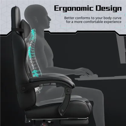 Silla Gamer Ergonómica con Soporte Lumbar de Masaje, Reposapiés Retráctil y Reposacabezas – Silla de Oficina Reclinable de Cuero PU, Silla de Escritorio Giratoria con Ruedas para Gamers de Gran Estatura