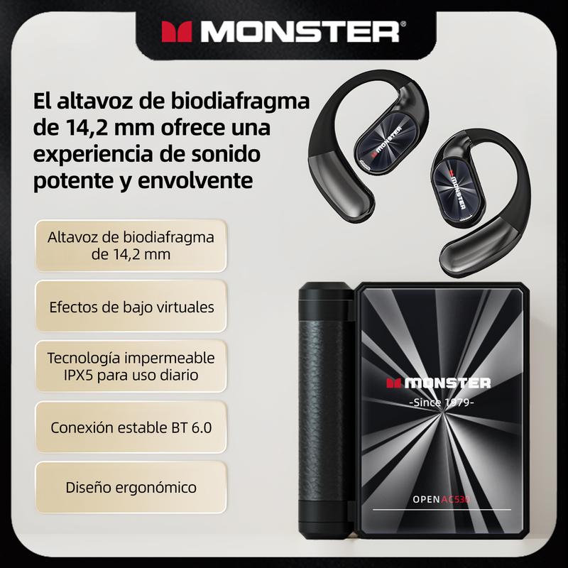 Monster Open-Ear Audífonos Inalámbricos, Bluetooth 6.0, 100 H de Duración, Compatibles con iPhone Android y Dispositivo Bluetooth, 14.2 mm Diafragmas, Para Gimnasio, Estudio y Trabajo - Regalo de Primera Elección