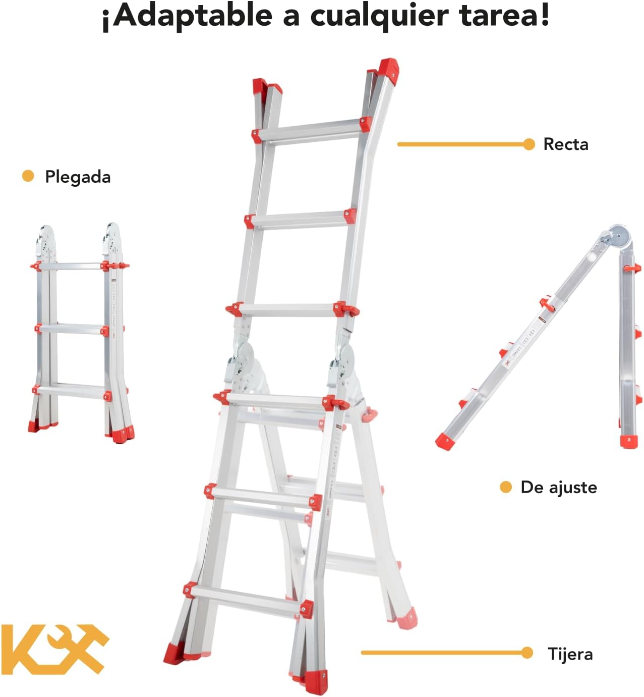 Kingsman | Escalera Multiposiciones 12 Peldaños con Charolas – Soporta hasta 150 kg – Escalera de Aluminio 3.5 MTS – Plegable – Escalera Multipropósito – Tipo Tijera – Andamio – Escalera Recta
