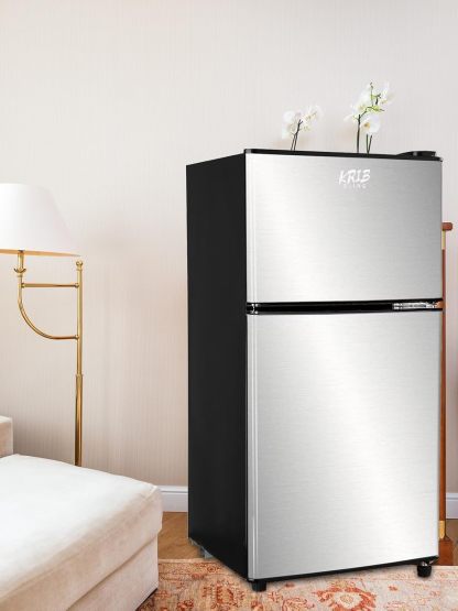 ❄️ KRIB BLING Refrigerador Compacto 3.5 Pies Cúbicos con Congelador Integrado, Doble Puerta, Termostato Ajustable 7 Niveles, Ahorro de Energía, Color Plateado