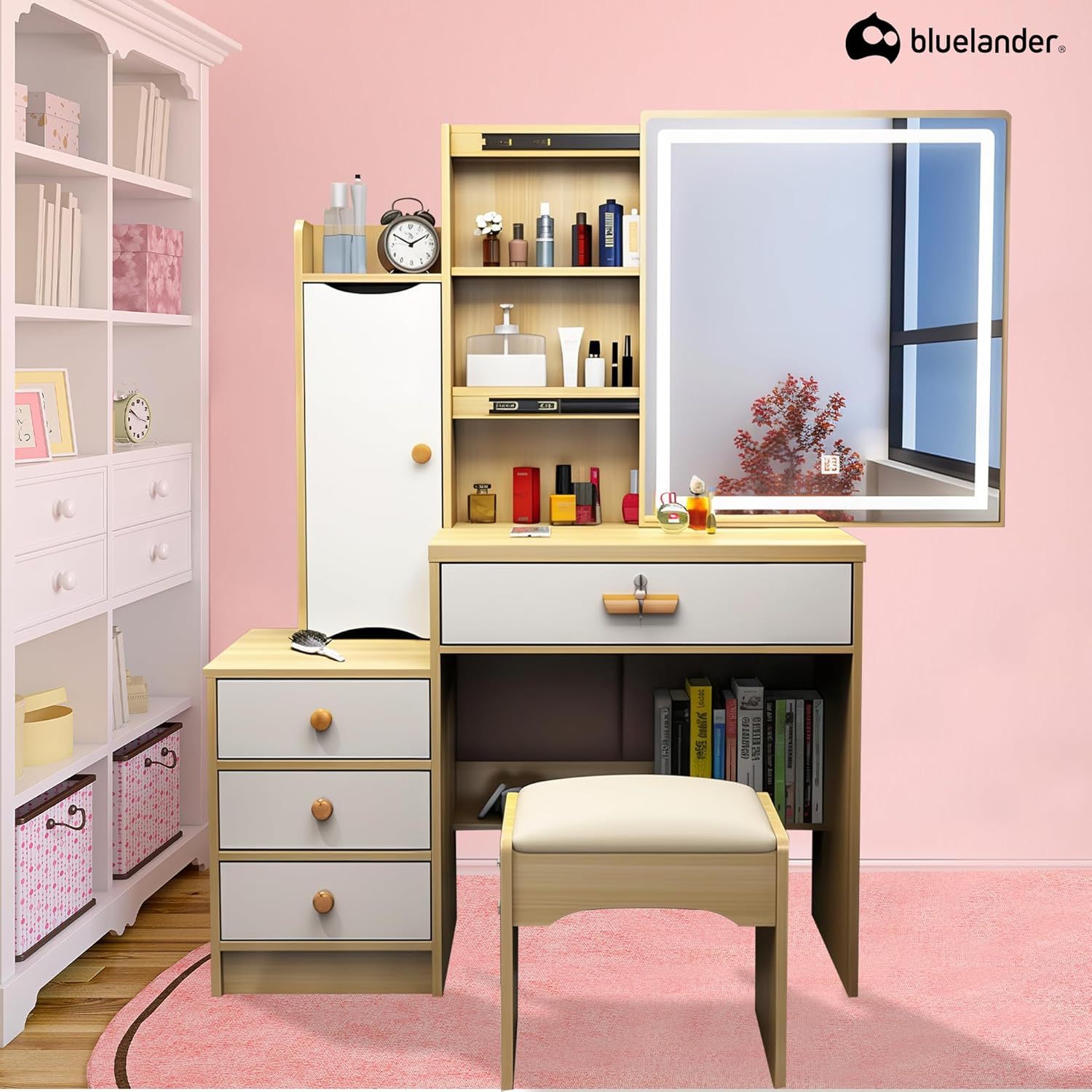 Bluelander Tocador De Niña, Tocador Vanity, Tocador para Niña, Vanity Tocador Hollywood, Tocador de Maquillaje con 4 Cajones, Estantes Ocultos, Incluye Taburete Acolchado, Espejo Led (Gris Claro)
