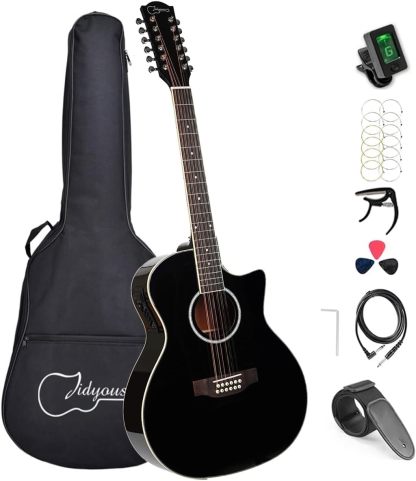 Jidyous-41 Inch,4/4,Guitarra Electroacústica 12 cuerdas,con Funda Acolchada, afinadores, Tirantes de guitarra,cuerdas, paletas, capó, adecuada para adultos jóvenes de nivel medio (Black)