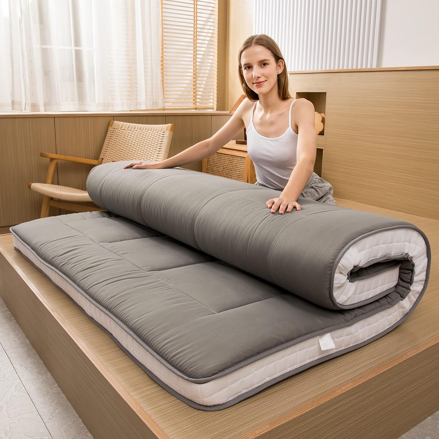 MAXYOYO - Puf plegable para sofá, cama, colchón de piso para adultos, extra grueso, 6 pliegues, sofá para recámara, sala de estar, beige, 135 x 240 cm